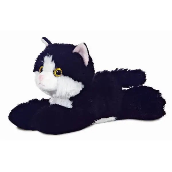 Black and white plush cat with yellow eyes, soft stuffed animal for kids or home décor