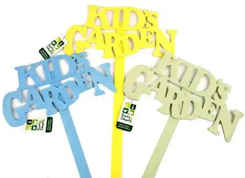 Colorful 'KID'S GARDEN' signs in blue, yellow, and green for children's garden decor