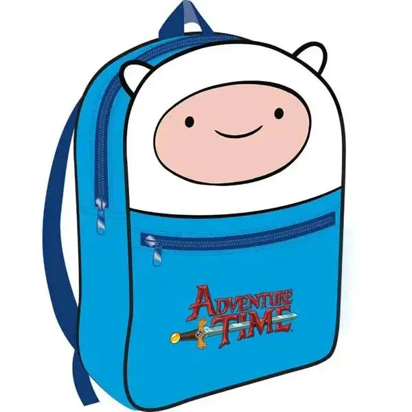 Blue Adventure Time backpack featuring Finn’s face and logo, with zipper pocket