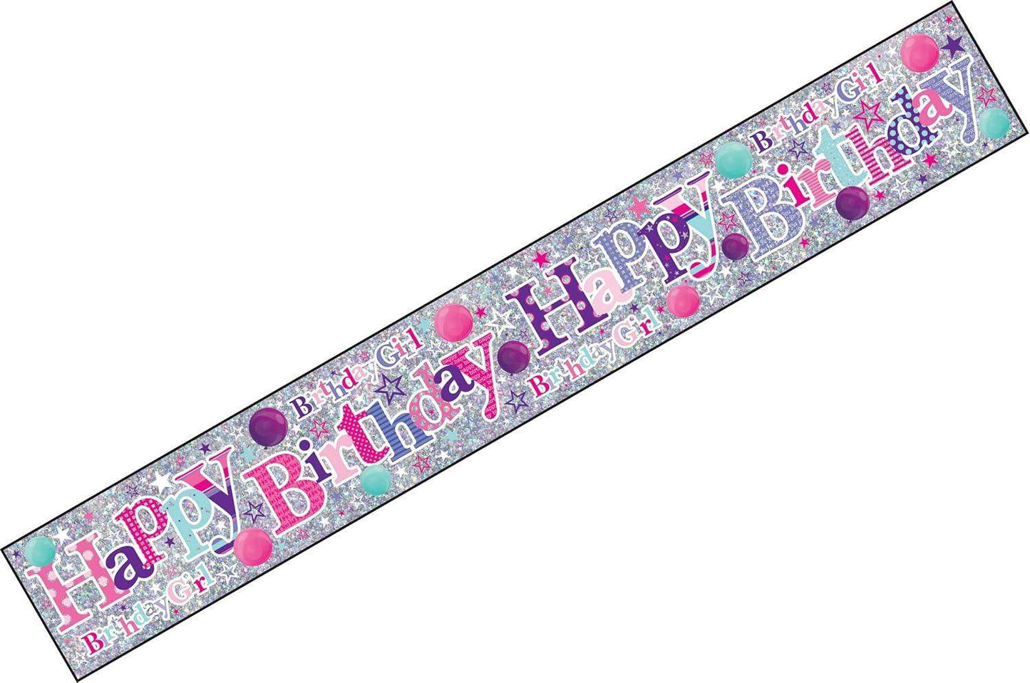 Glittery happy birthday girl banner with pink, purple, and teal stars and balloons