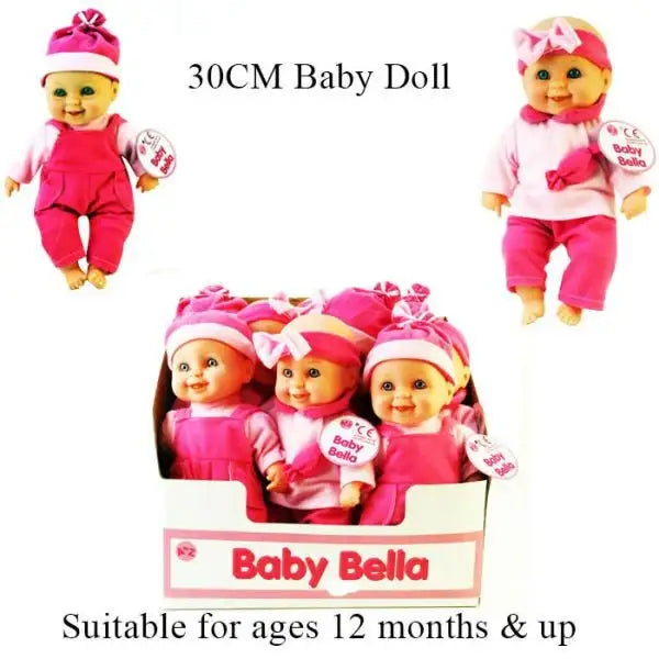 30CM Baby Bella doll in pink outfit, ideal for ages 12 months+, perfect gift for birthdays or baby showers