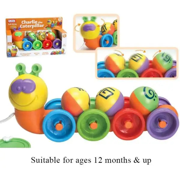 Colorful pull-along caterpillar toy for toddlers 12 months+, perfect for early learning and play