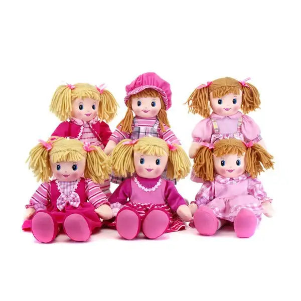 Adorable pink-themed plush dolls with pigtails, perfect for birthday gifts or kids' home décor.