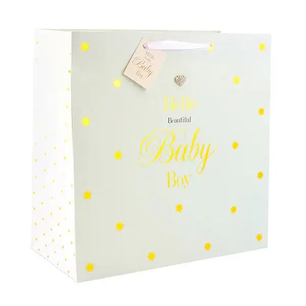 Elegant baby boy gift bag with gold polka dots and 'Hello Beautiful Baby Boy' text, perfect for newborn celebrations.