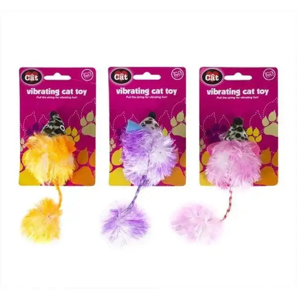 Vibrating cat toys with fluffy feathers and pom-poms in yellow, purple, pink for playful pets