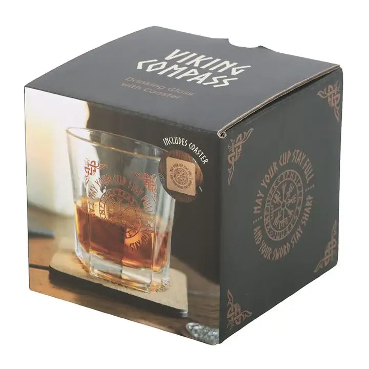 Viking Compass Lowball Drinking Glass with Coaster
