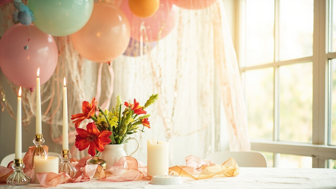 Festive table with candles, flowers, pastel balloons, and ribbons for home celebration décor