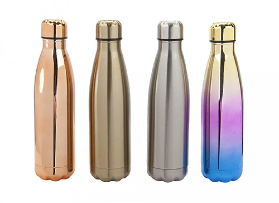 Set of four stainless steel insulated water bottles in metallic and gradient finishes