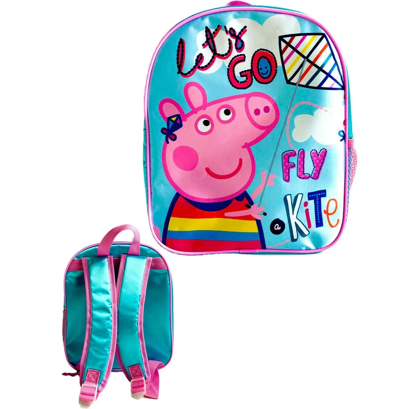Colorful children's backpack featuring a cartoon pig with a kite and 'Let's Go Fly a Kite' text.