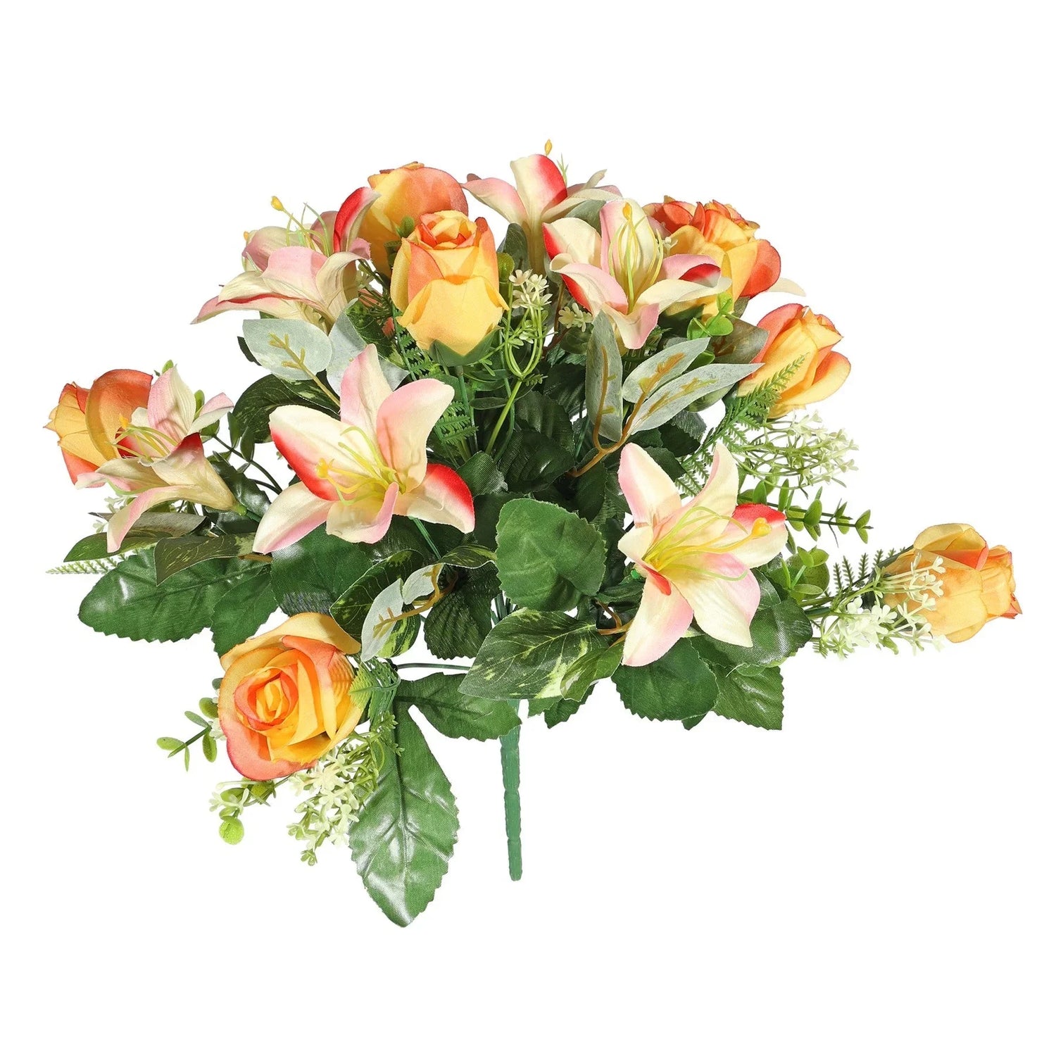 Artificial flower bouquet with orange roses, lilies, and green leaves for home décor