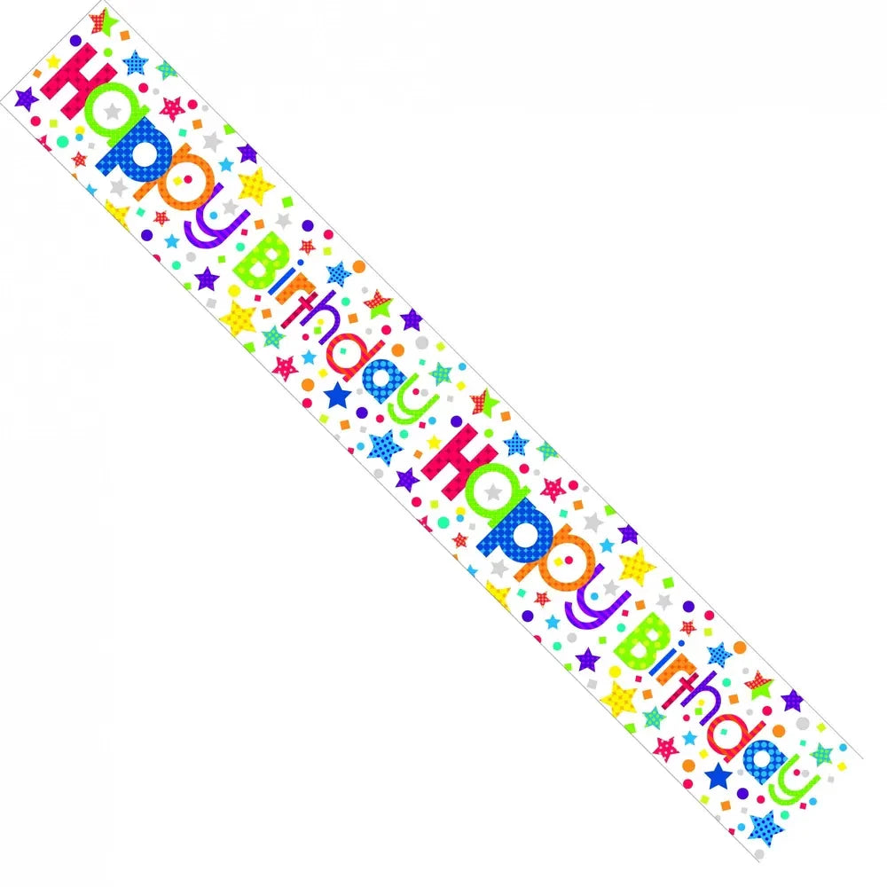 Colorful happy birthday banner with stars and polka dots, party decoration