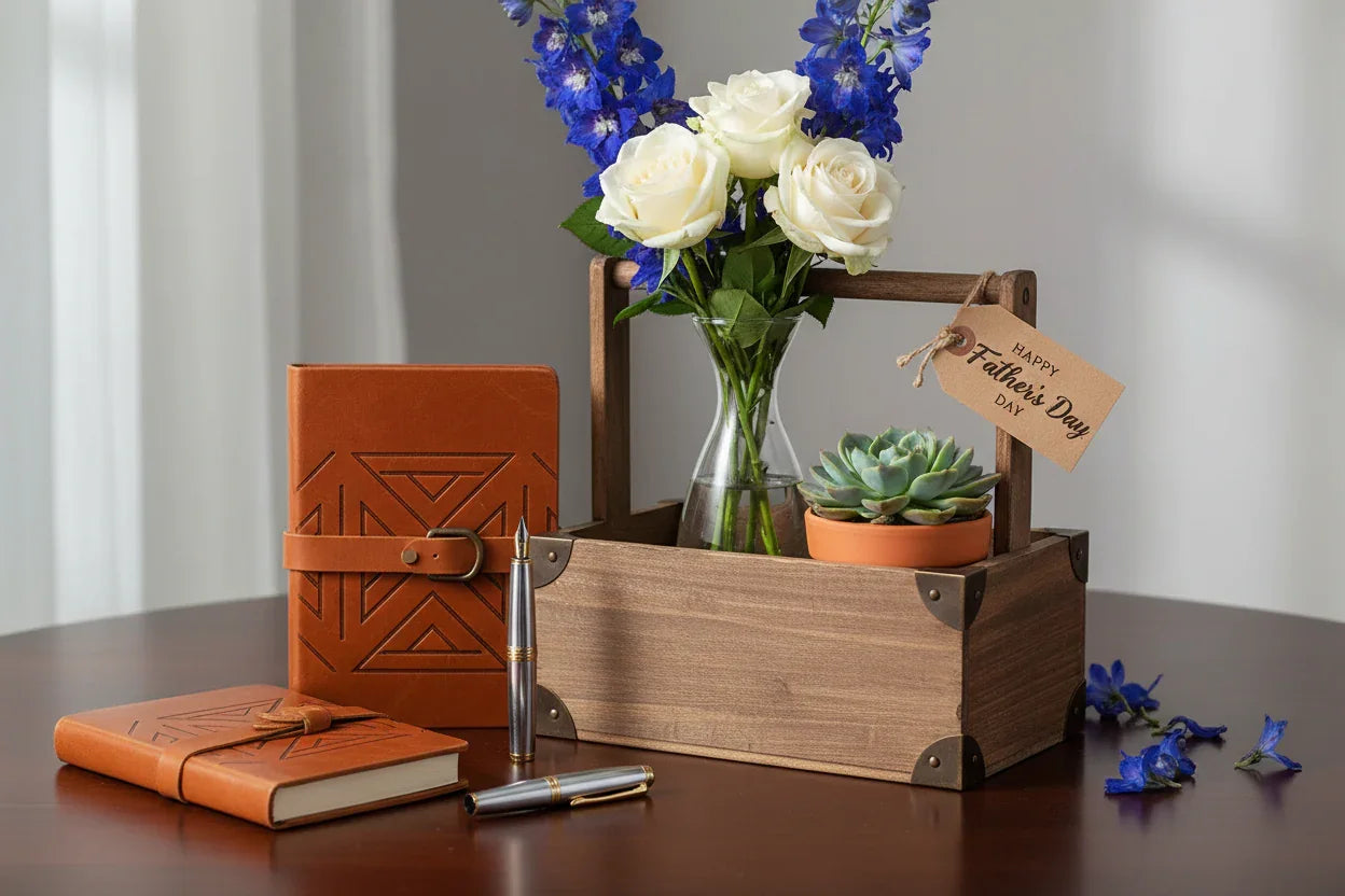 Father's Day gift set with leather journals, fountain pen, wooden box, flowers, and a succulent.