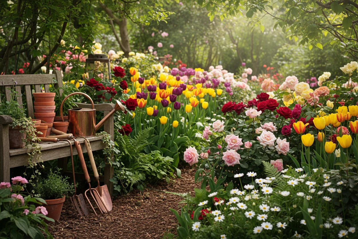 Colorful flower garden with roses, tulips, daisies and wooden bench with gardening tools