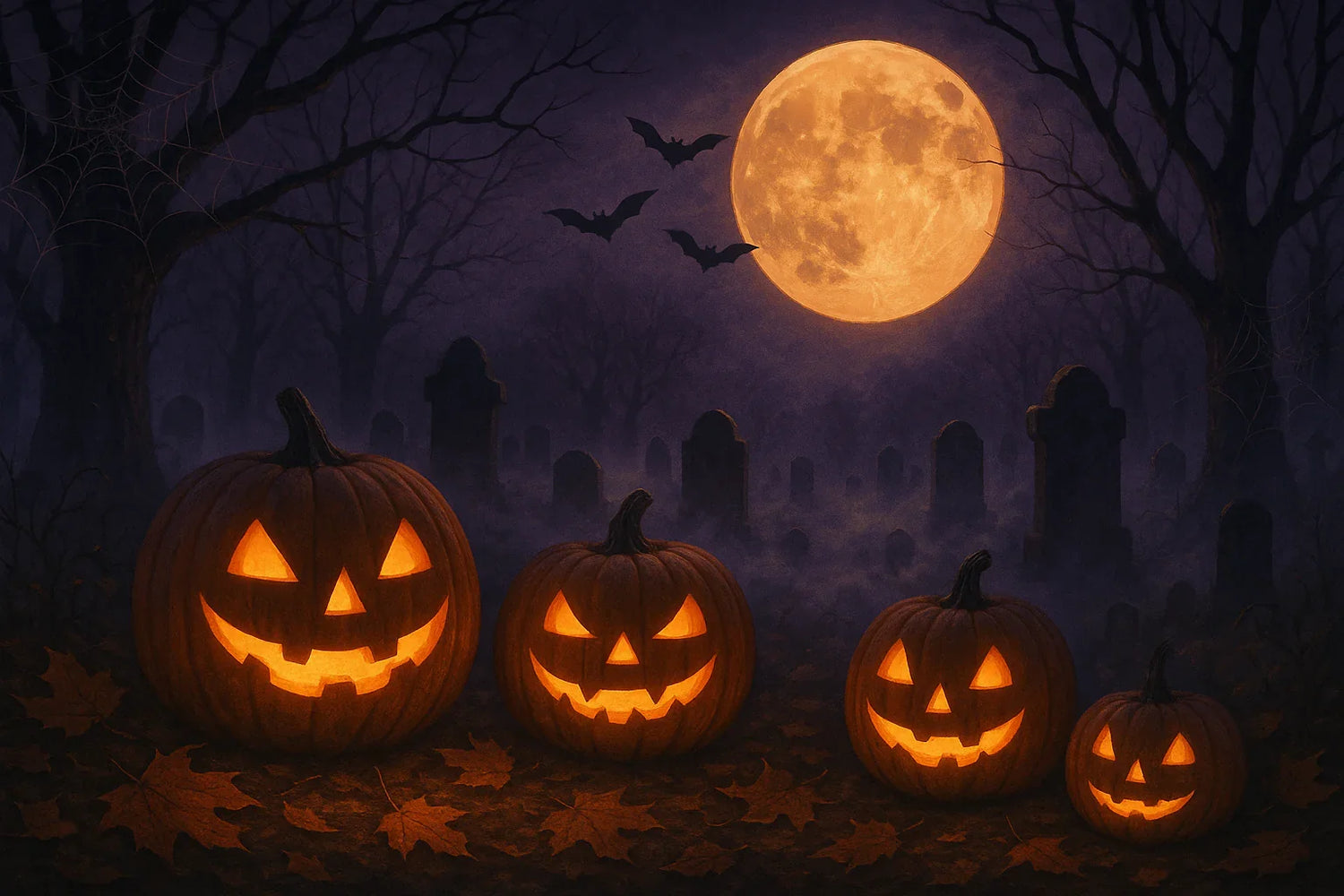 Halloween pumpkins with glowing faces in a spooky graveyard under a full moon and bats
