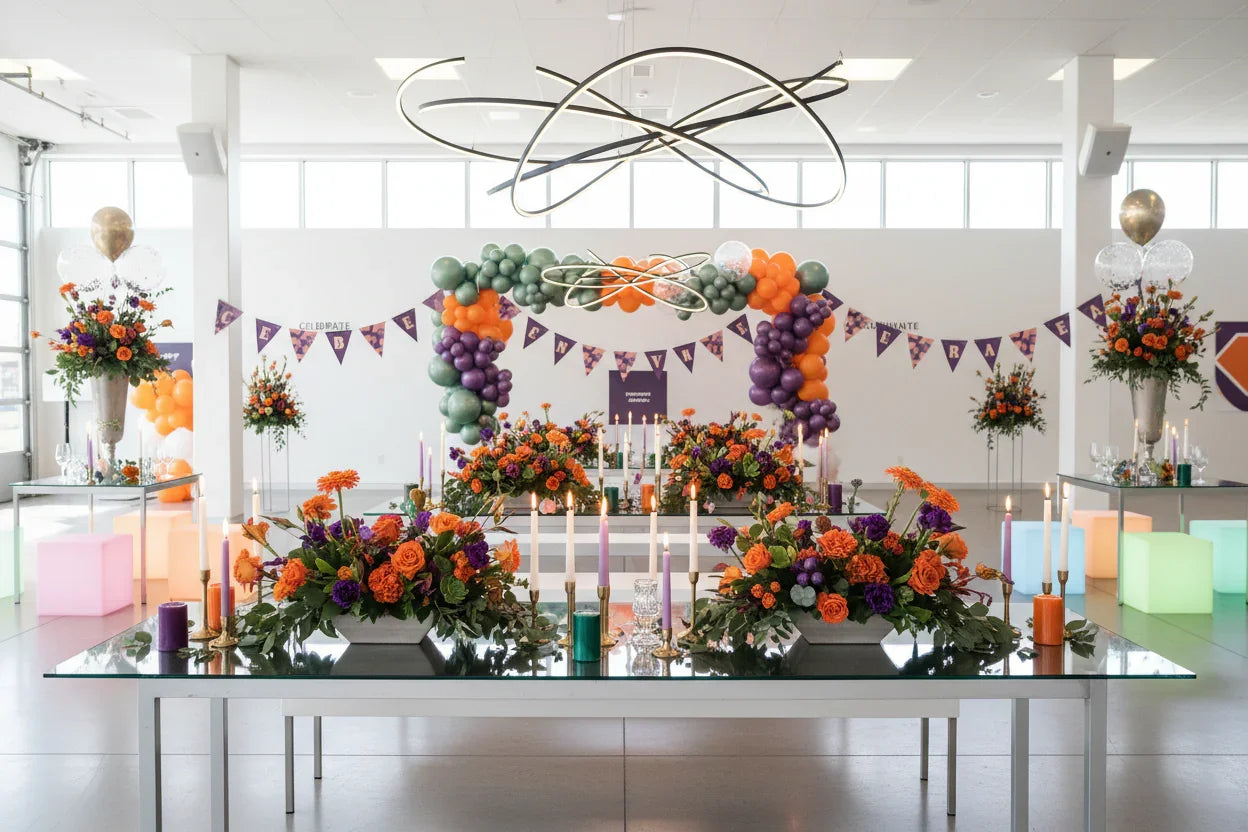 Modern celebration setup with colorful flower centerpieces, candles, and balloon arches