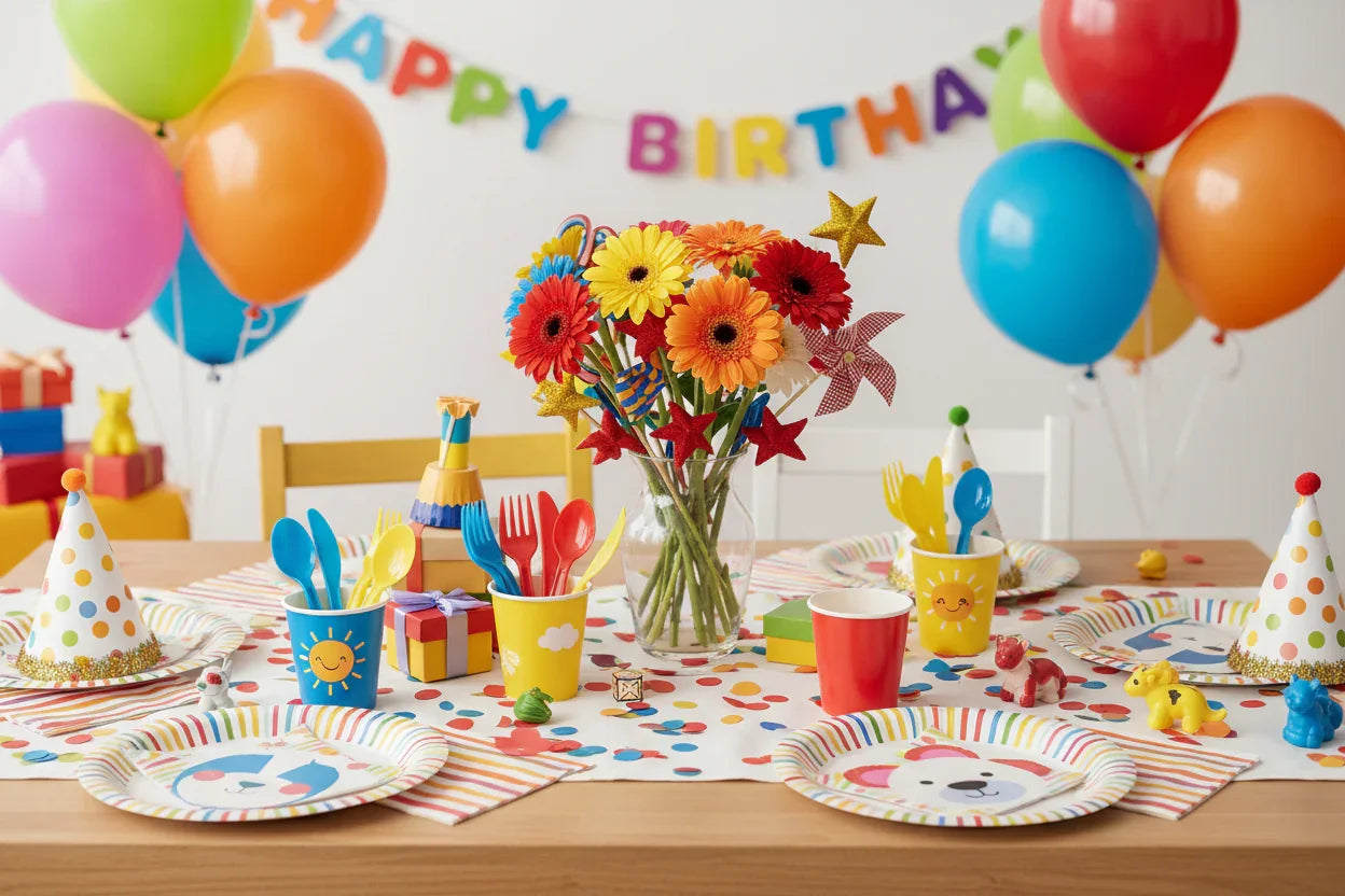 Colorful children's birthday party table with balloons, party hats, and festive decorations