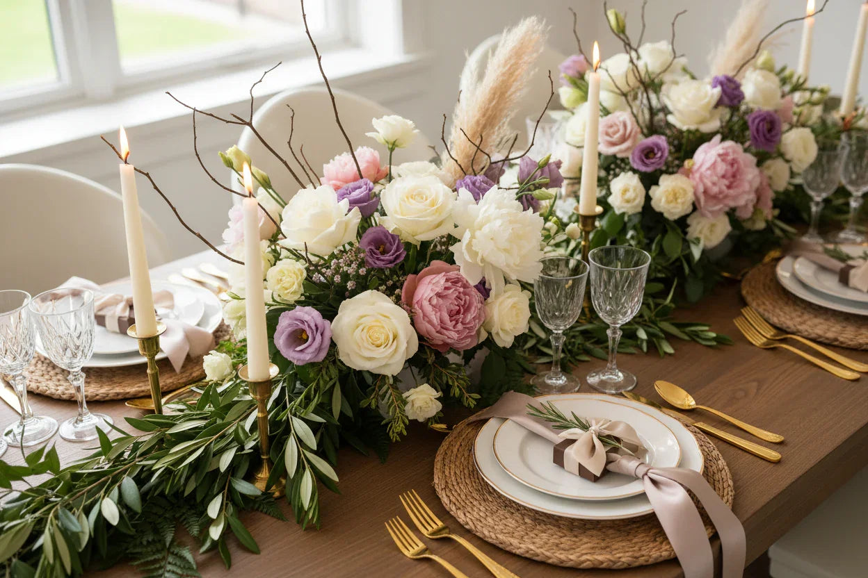 Elegant table decor with floral centerpieces, candles, gold cutlery, and woven placemats
