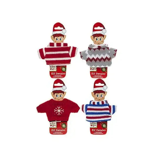 Adorable elf finger puppets in festive sweaters, perfect for holiday gifts and Christmas décor.