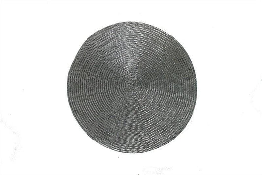 Round silver woven placemat on white background, modern home decor accessory