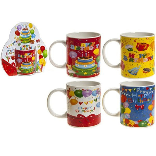 Colorful ceramic birthday mugs with balloons, cake, and gift-themed designs, perfect for celebrations.