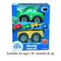 Push and go toy car twin pack for toddlers, colorful racing rascals in retail packaging.