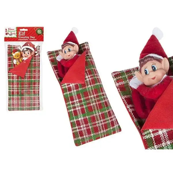 Elf on the Shelf sleeping bag with red green plaid design, festive holiday décor for Christmas celebrations
