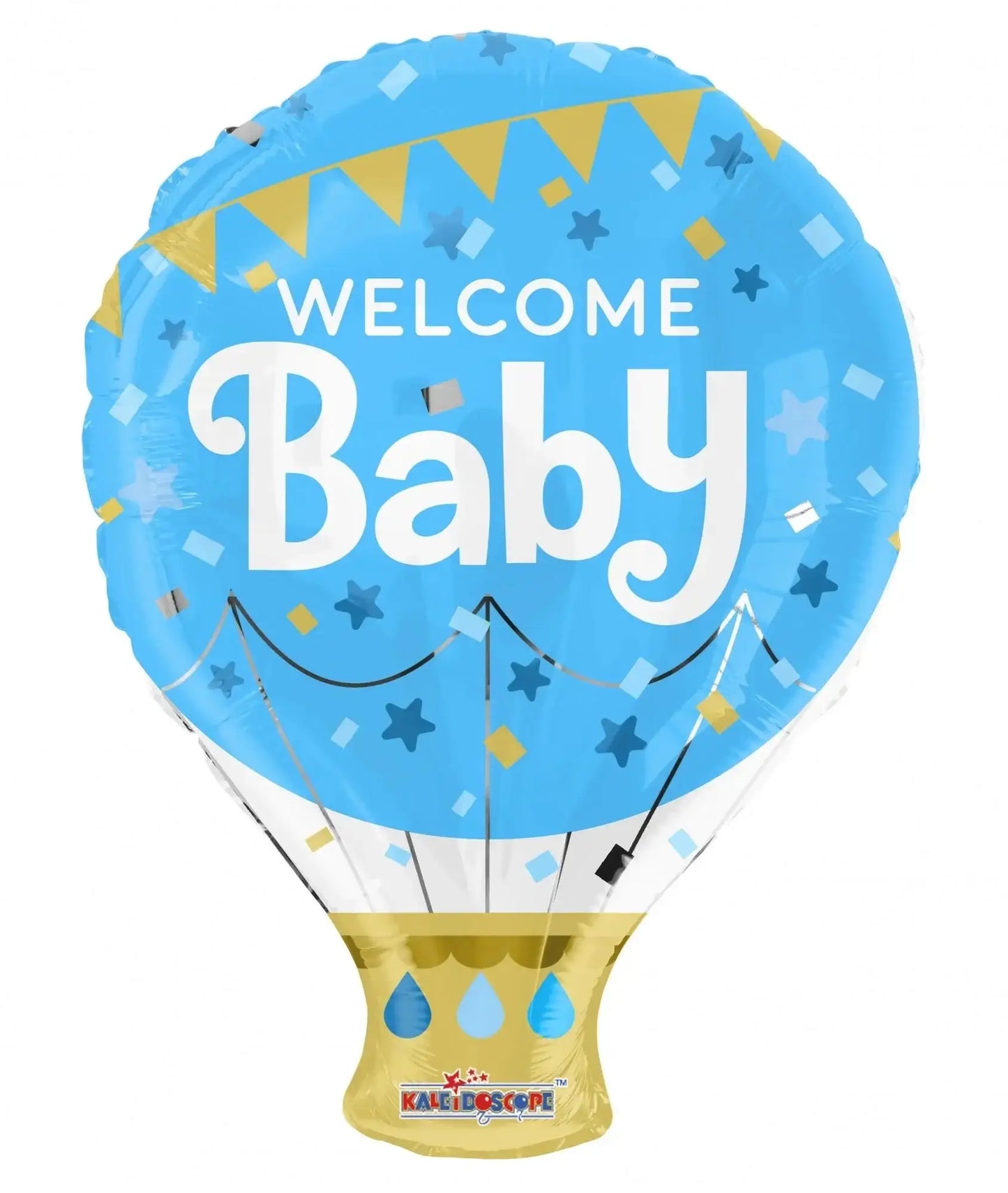 Blue hot air balloon foil balloon with 'Welcome Baby' text, stars, and gold accents for baby shower decor