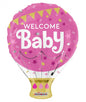 Pink hot air balloon balloon with 'Welcome Baby' text, stars, and confetti for baby shower celebrations