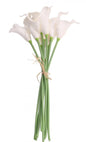 White calla lilies bouquet with green stems tied by twine, ideal for home décor or gifting