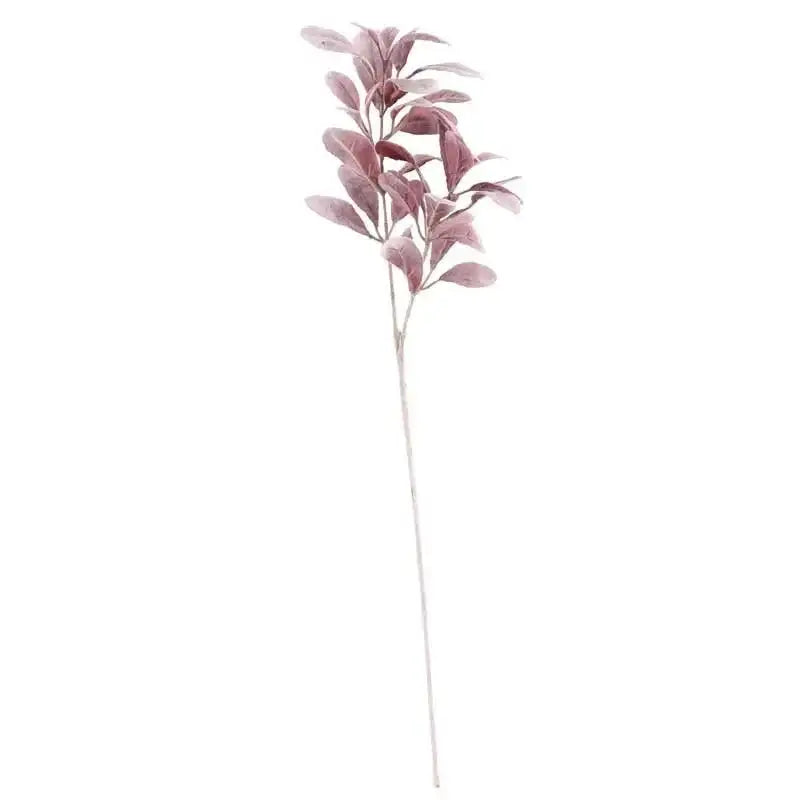 Artificial pink eucalyptus stem on white background, home décor floral accent