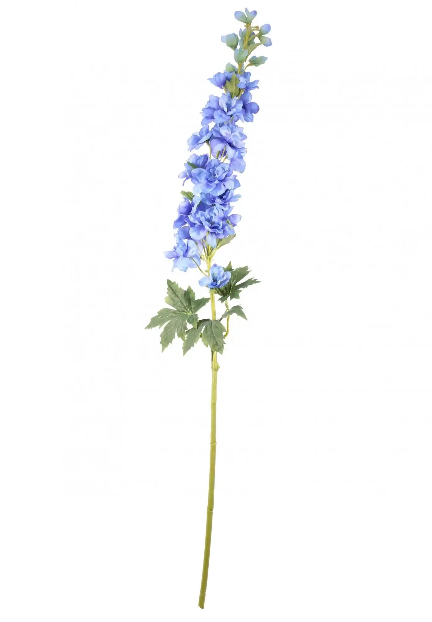 Single artificial blue delphinium stem with green leaves for home décor arrangements