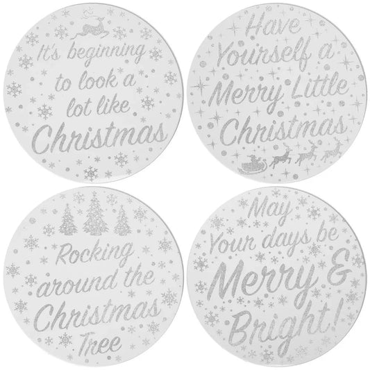Silver Glitter Xmas Candle Plates / Coasters - 20cm