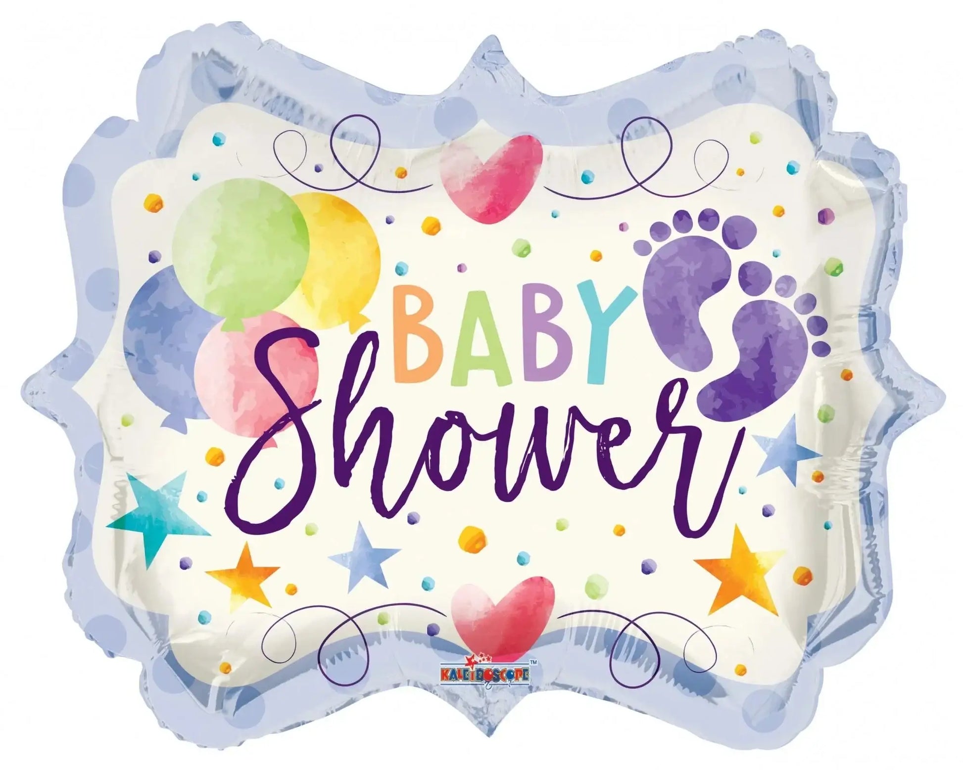 Colorful baby shower foil balloon with footprints, stars, hearts, and balloons for celebration decor