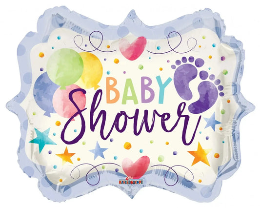 Colorful baby shower foil balloon with footprints, stars, hearts, and balloons for celebration decor
