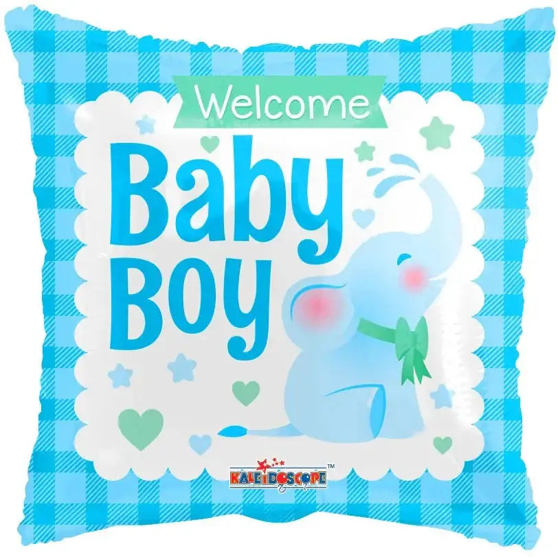 Welcome Baby Boy balloon with blue elephant, hearts, stars, and gingham pattern for baby shower décor
