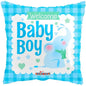Welcome Baby Boy balloon with blue elephant, hearts, stars, and gingham pattern for baby shower décor