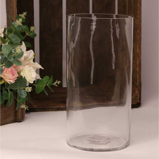 Clear glass cylinder vase for floral arrangements, styled with pink and white flowers