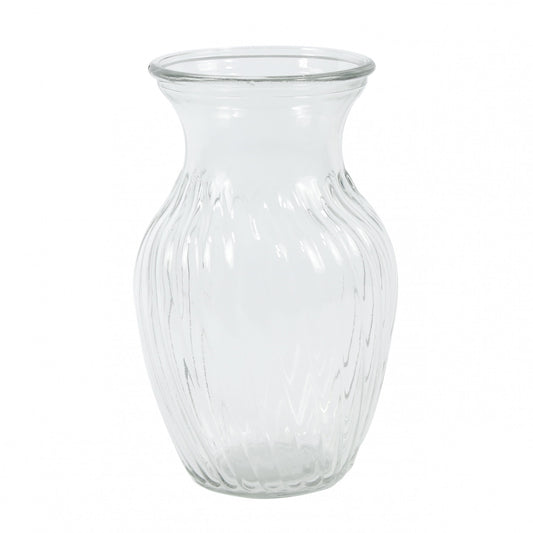 Clear glass vase with textured wavy pattern, ideal for home decor or floral arrangements