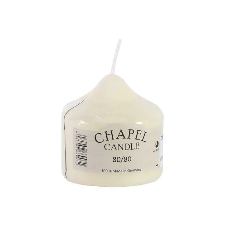 Cream chapel candle labeled 80/80, 100% made in Germany, ideal for home décor and gifting.