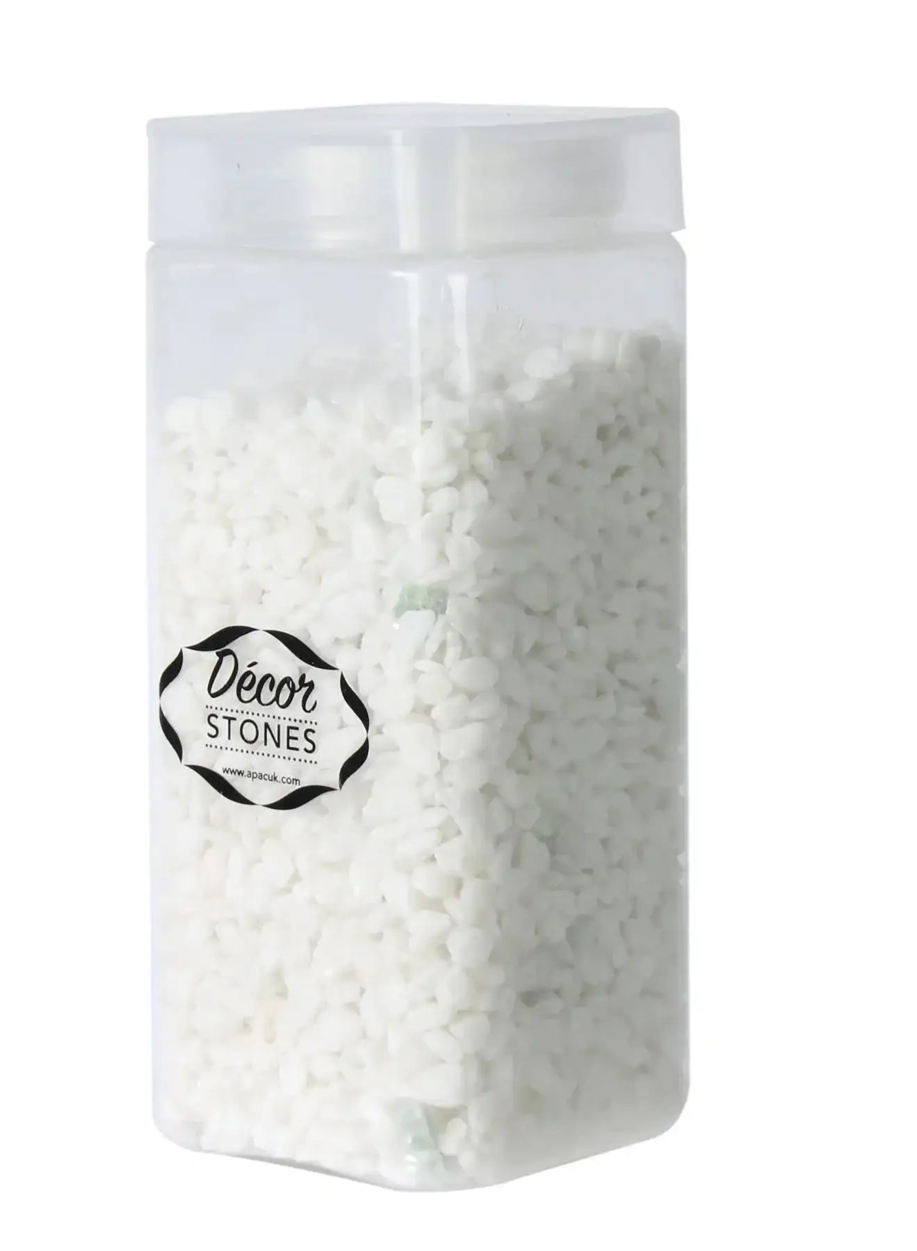 Clear container filled with white decorative stones for home décor and crafts