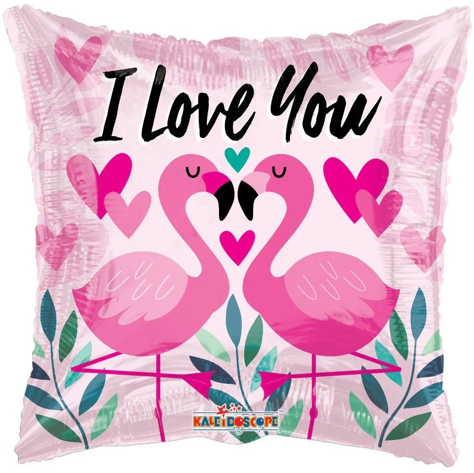 Romantic square balloon with two pink flamingos, hearts, and I Love You text, perfect for gifts