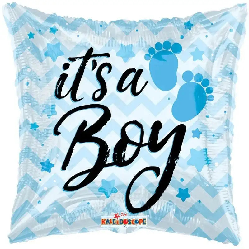 It's a Boy baby shower balloon with blue footprints and stars on chevron pattern
