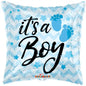 It's a Boy baby shower balloon with blue footprints and stars on chevron pattern