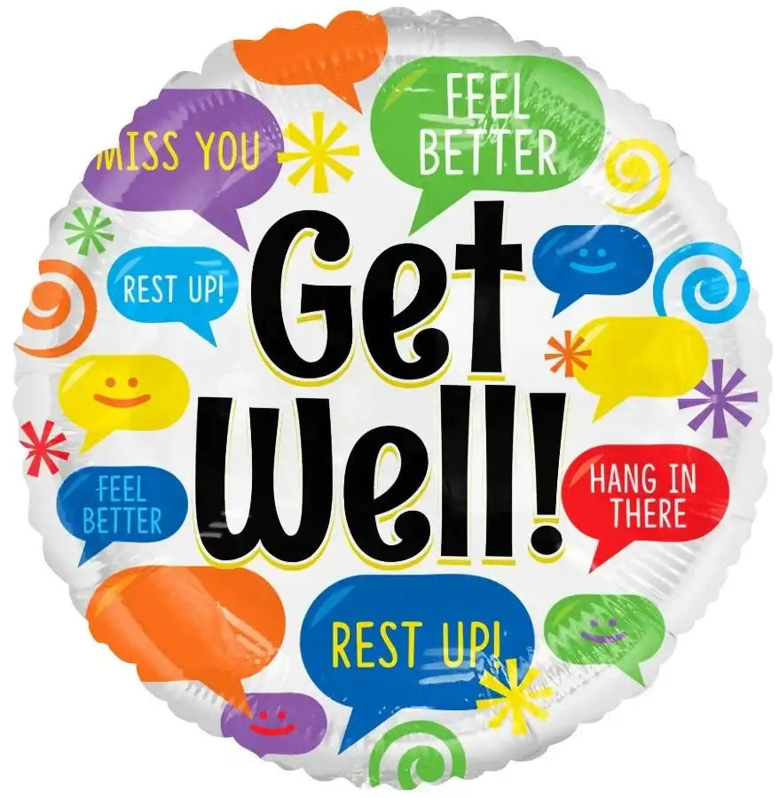 Get Well balloon with colorful speech bubbles saying feel better, rest up, hang in there for recovery gifts