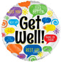 Get Well balloon with colorful speech bubbles saying feel better, rest up, hang in there for recovery gifts