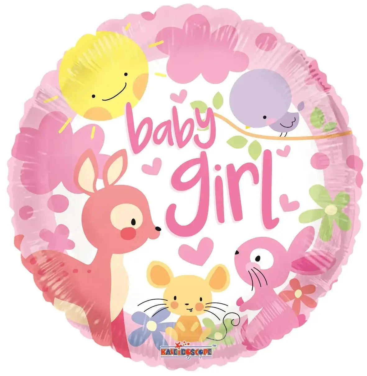 Baby girl foil balloon with pink deer, bunny, mouse, and smiling sun for nursery or shower decor