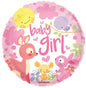 Baby girl foil balloon with pink deer, bunny, mouse, and smiling sun for nursery or shower decor