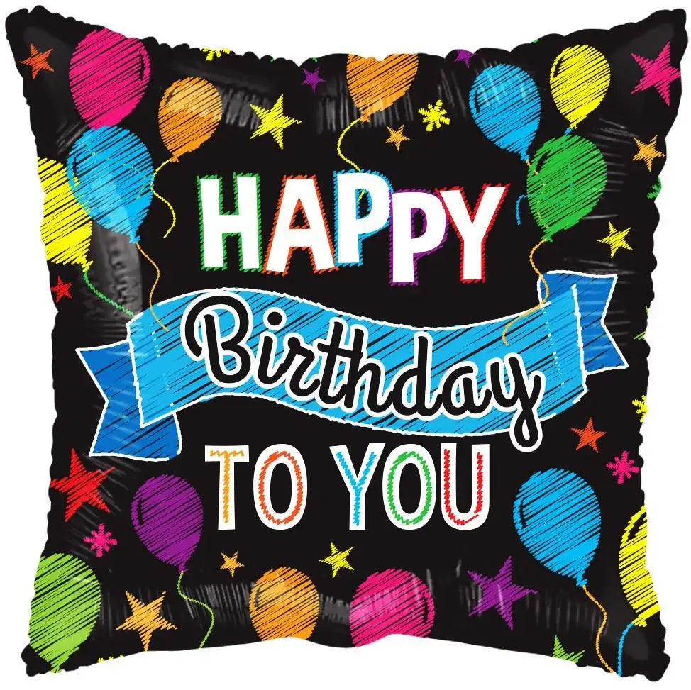 Happy Birthday to You cushion with colorful balloons and stars on black background, festive home décor gift