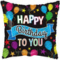 Happy Birthday to You cushion with colorful balloons and stars on black background, festive home décor gift