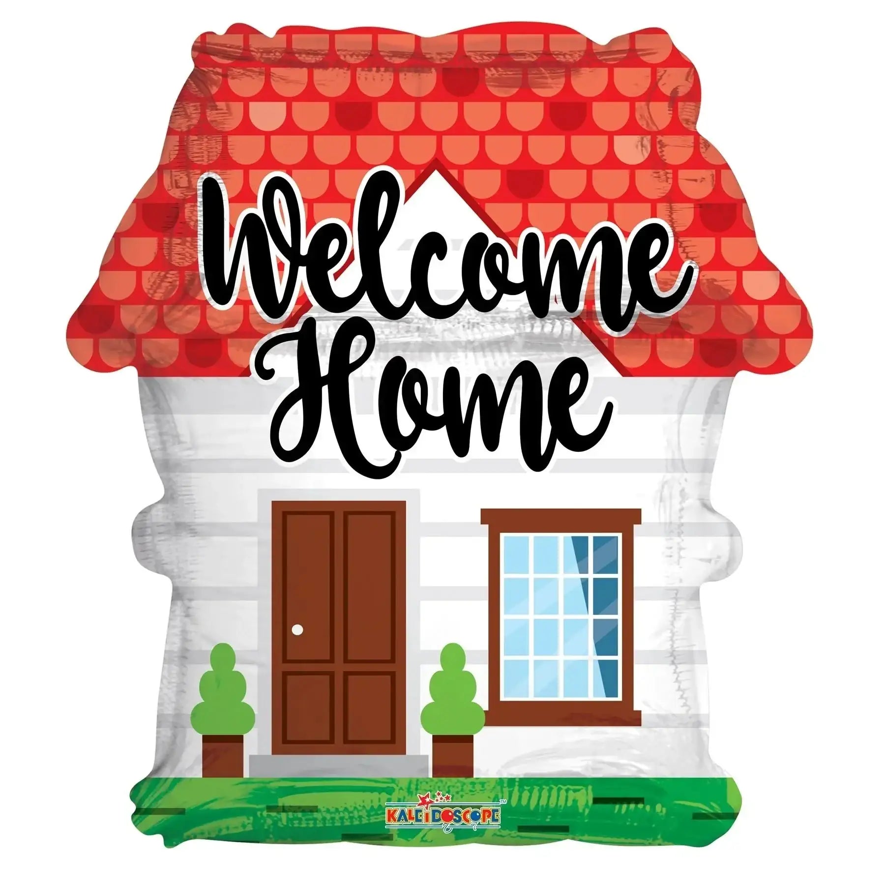 Welcome Home house-shaped balloon with red roof, white siding, and green lawn for celebrations